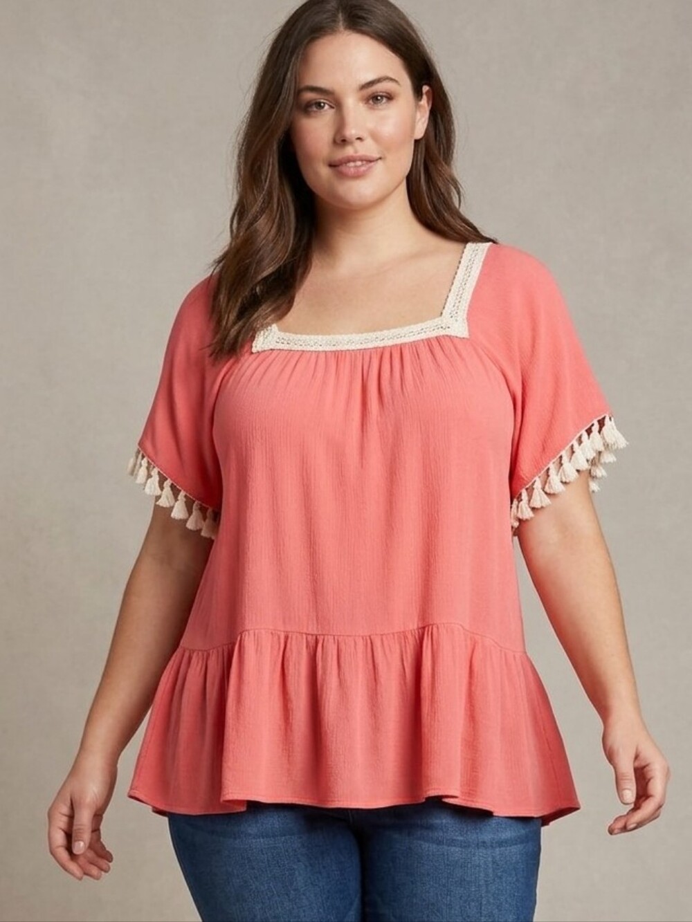 Kori Bohemian Cottagecore Coral Tassel-Trim Peplum Blouse.   Size L.      WS 130